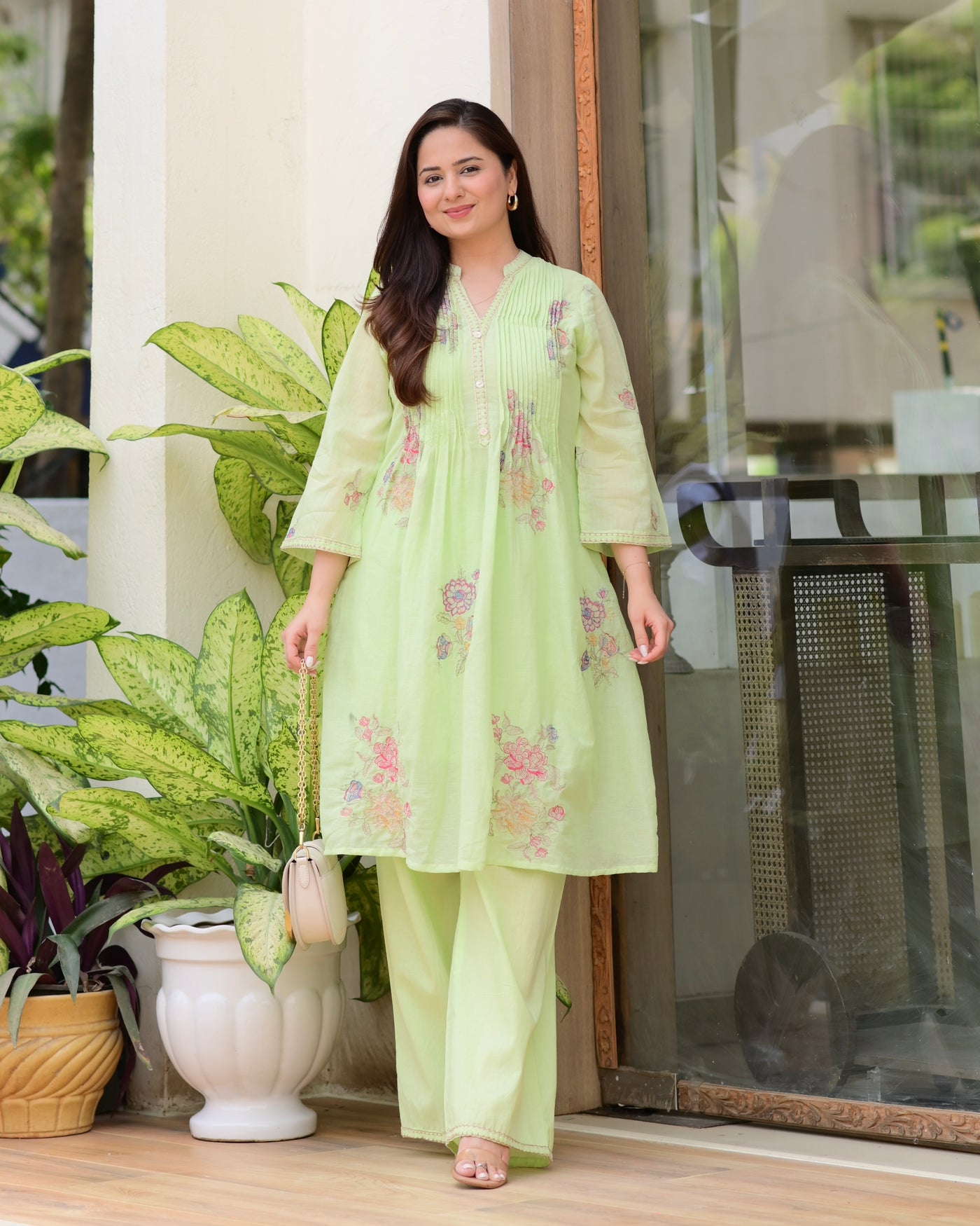 Pista Green Mul Cotton Threadwork A Line Kurta Set