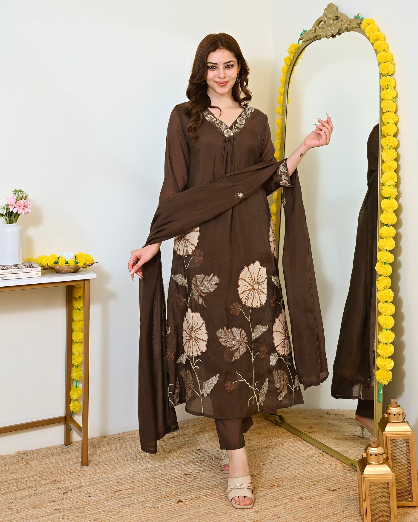 Mocha Bloom Applique Mul Chanderi A Line Threadwork Suit