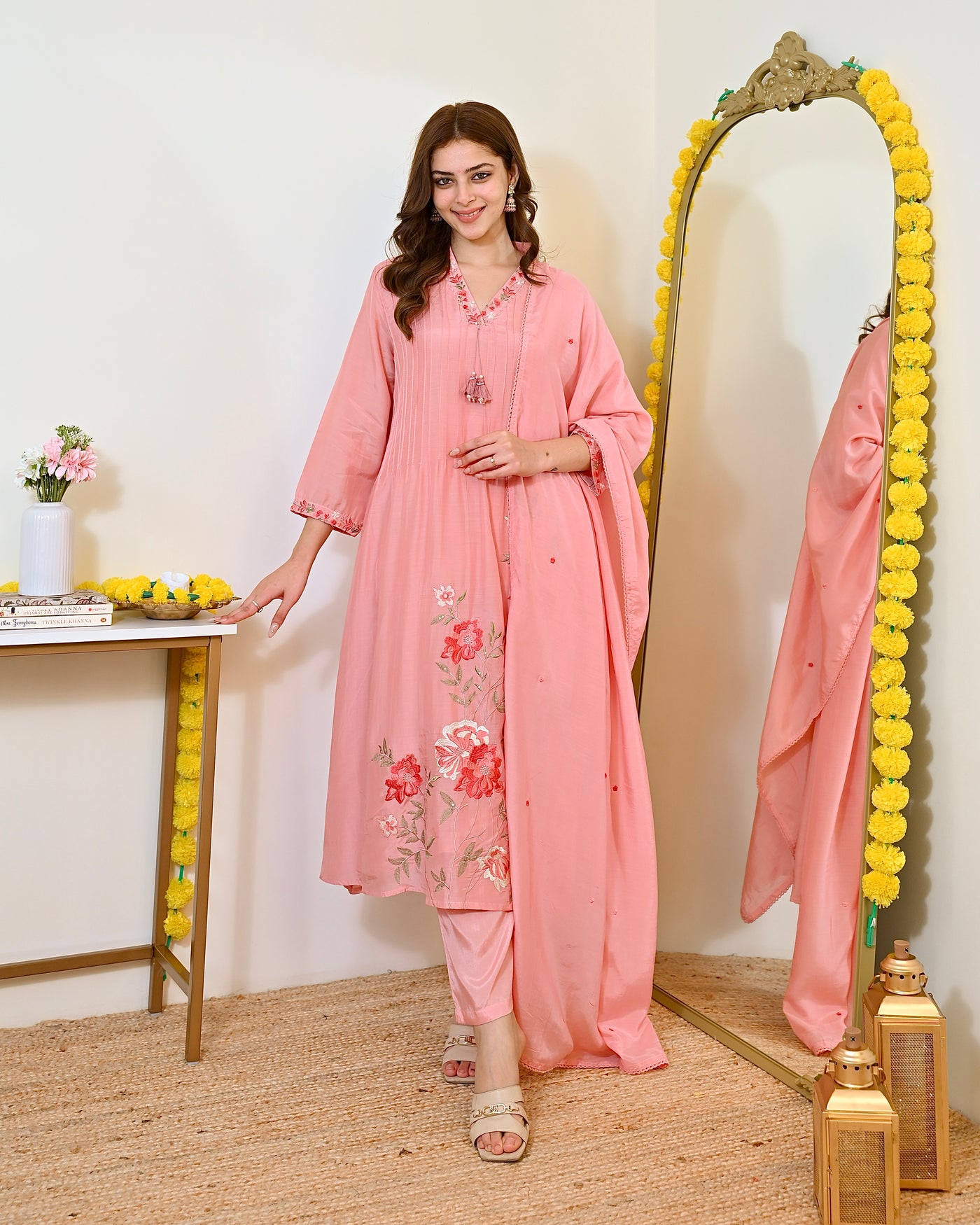 Blush Peach Pintex Mul Chanderi A Line Threadwork Suit