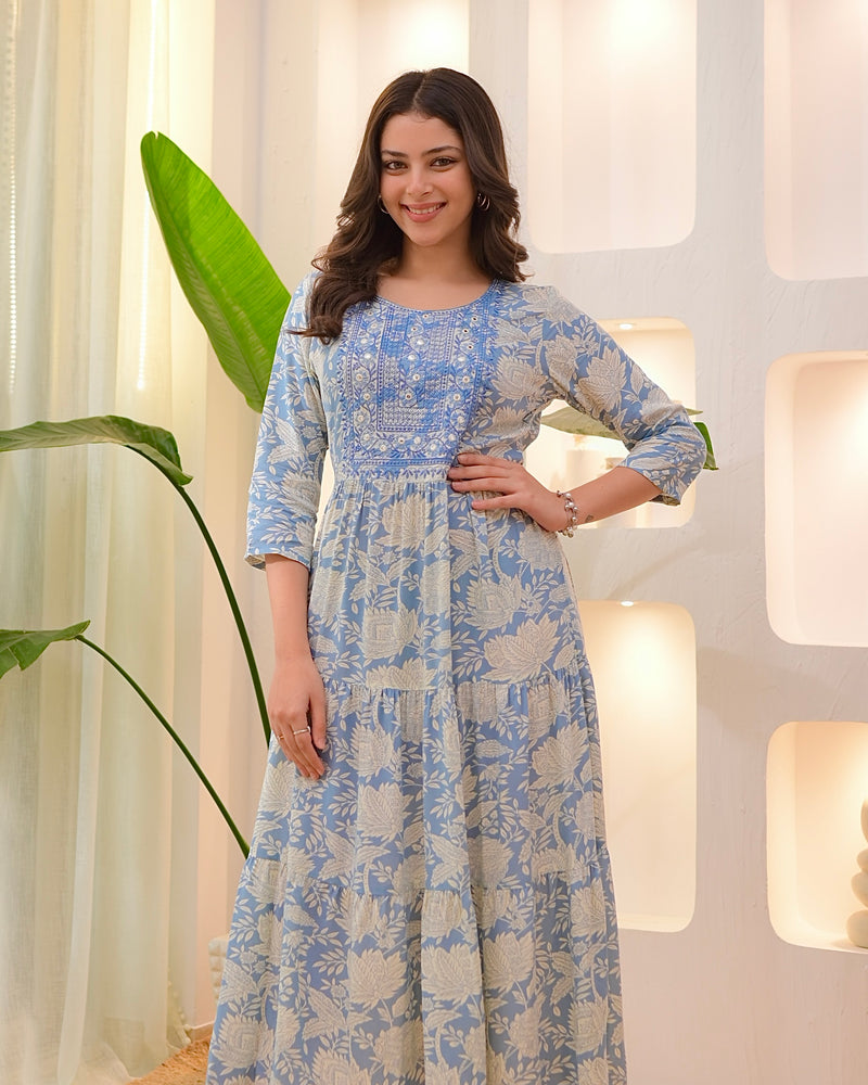 Powder Blue Embroidered Cotton A Line Dress