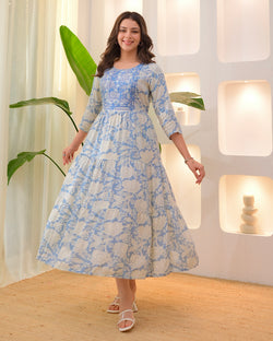 Powder Blue Embroidered Cotton A Line Dress