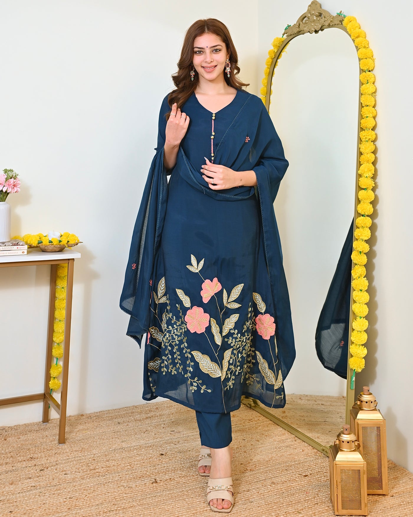Teal Blue Mul Chanderi Threadwork A Line Suit