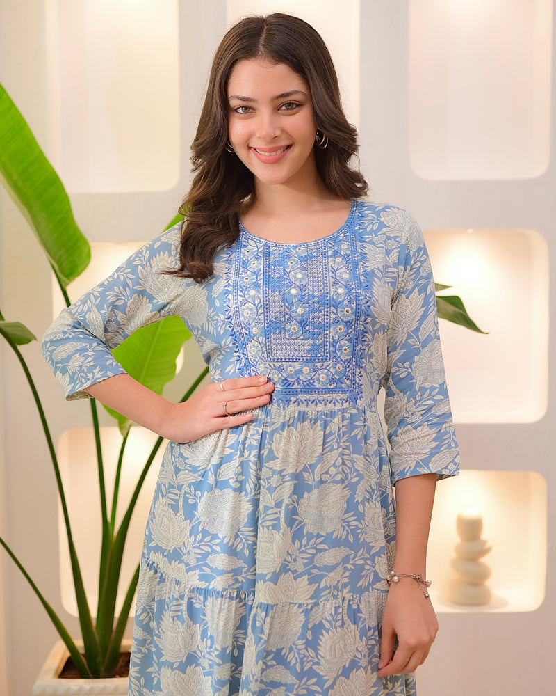 Powder Blue Embroidered Cotton A Line Dress