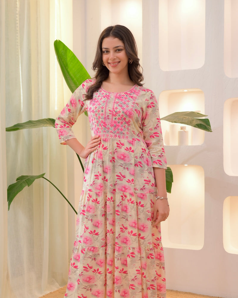 Pink Ivory Embroidered Cotton A Line Dress