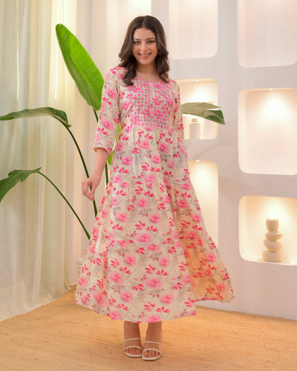 Pink Ivory Embroidered Cotton A Line Dress