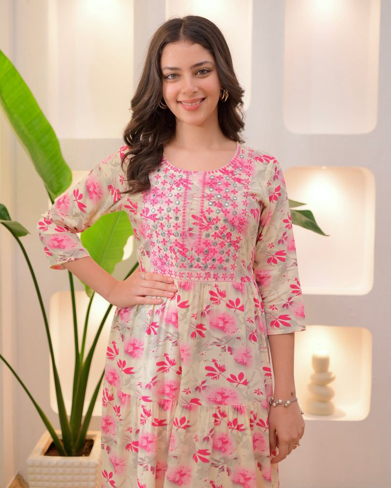 Pink Ivory Embroidered Cotton A Line Dress