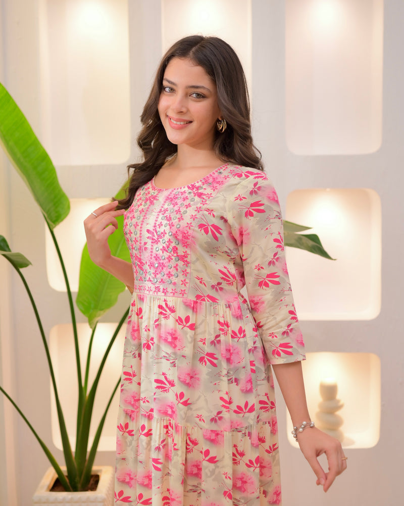 Pink Ivory Embroidered Cotton A Line Dress
