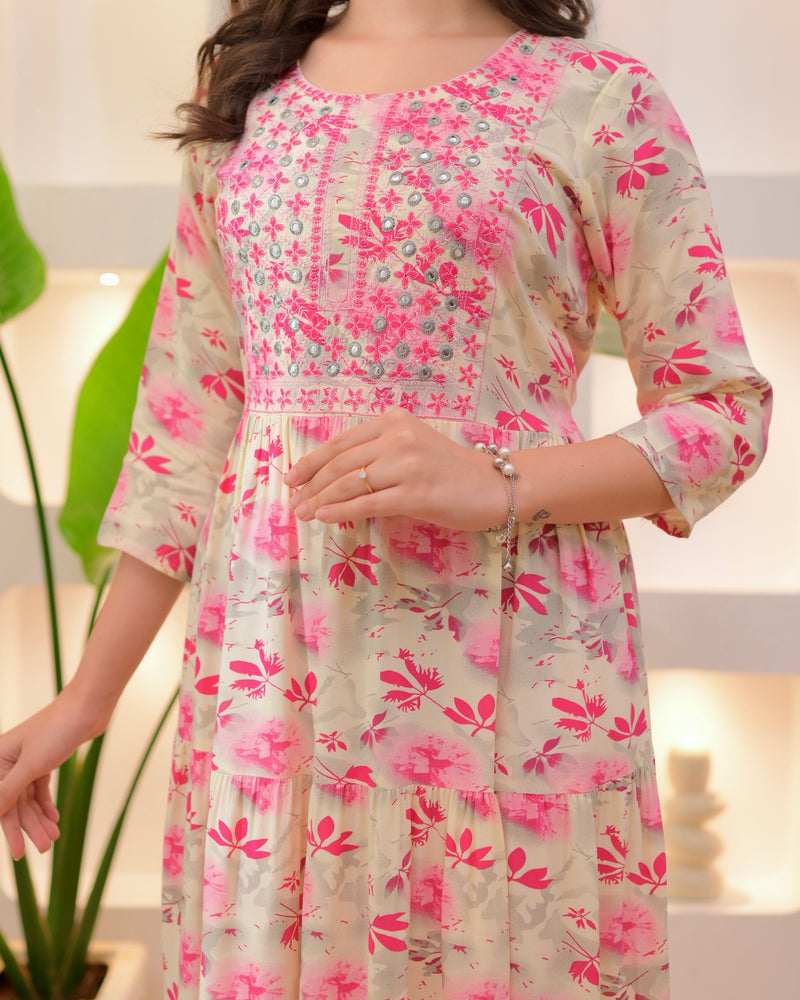 Pink Ivory Embroidered Cotton A Line Dress