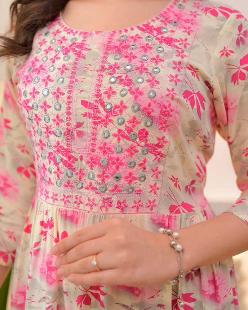 Pink Ivory Embroidered Cotton A Line Dress