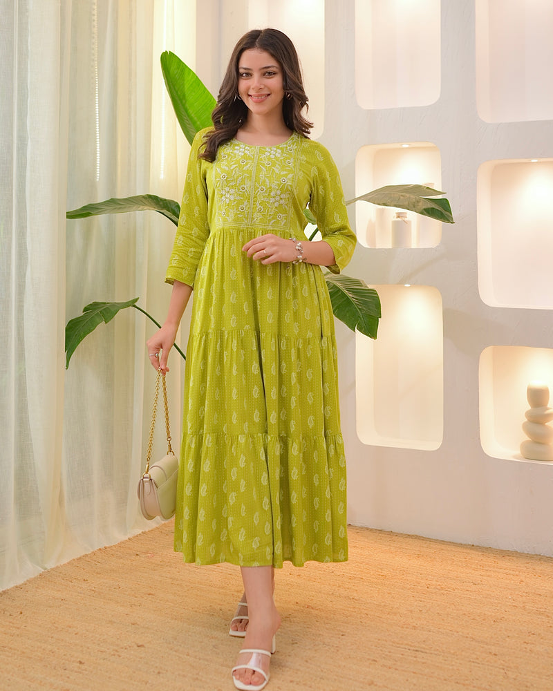 Greenish Yellow Embroidered Cotton A Line Dress