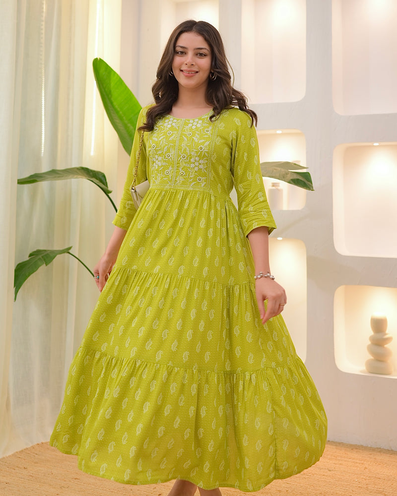 Greenish Yellow Embroidered Cotton A Line Dress