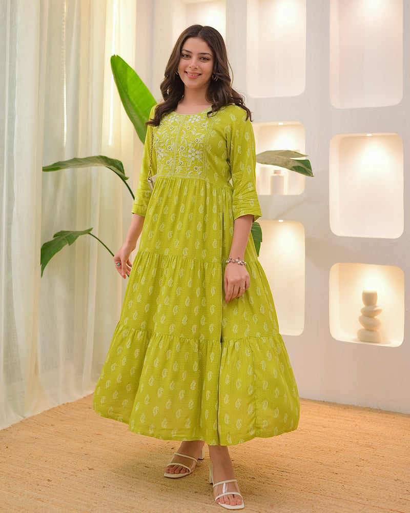 Greenish Yellow Embroidered Cotton A Line Dress