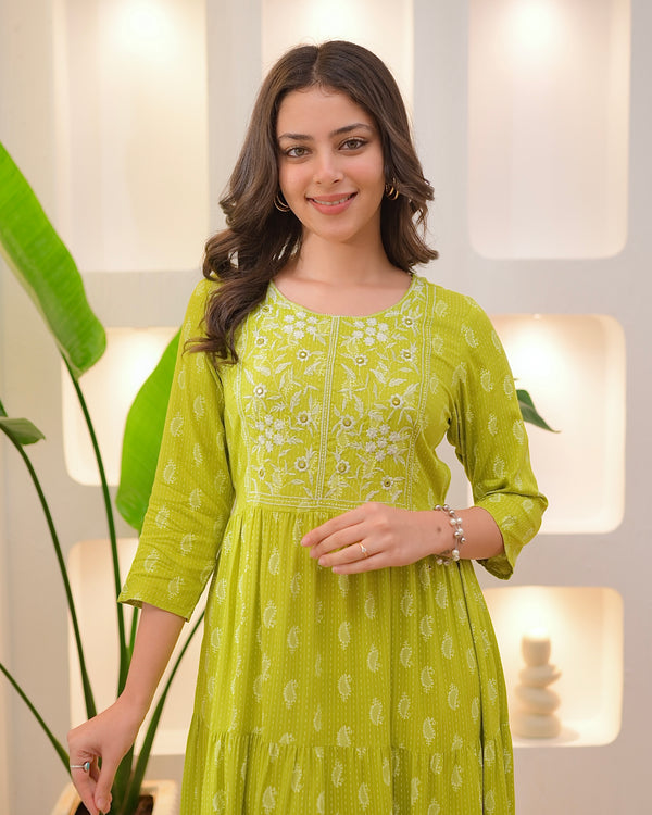 Greenish Yellow Embroidered Cotton A Line Dress