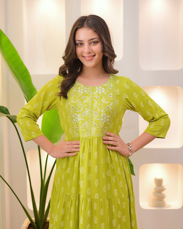 Greenish Yellow Embroidered Cotton A Line Dress