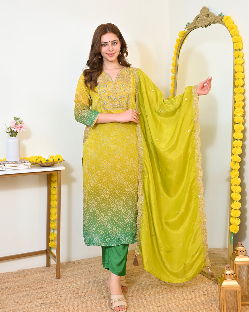 Lime Mist Bandhani Handwork Shimmer Crush Festive Suit