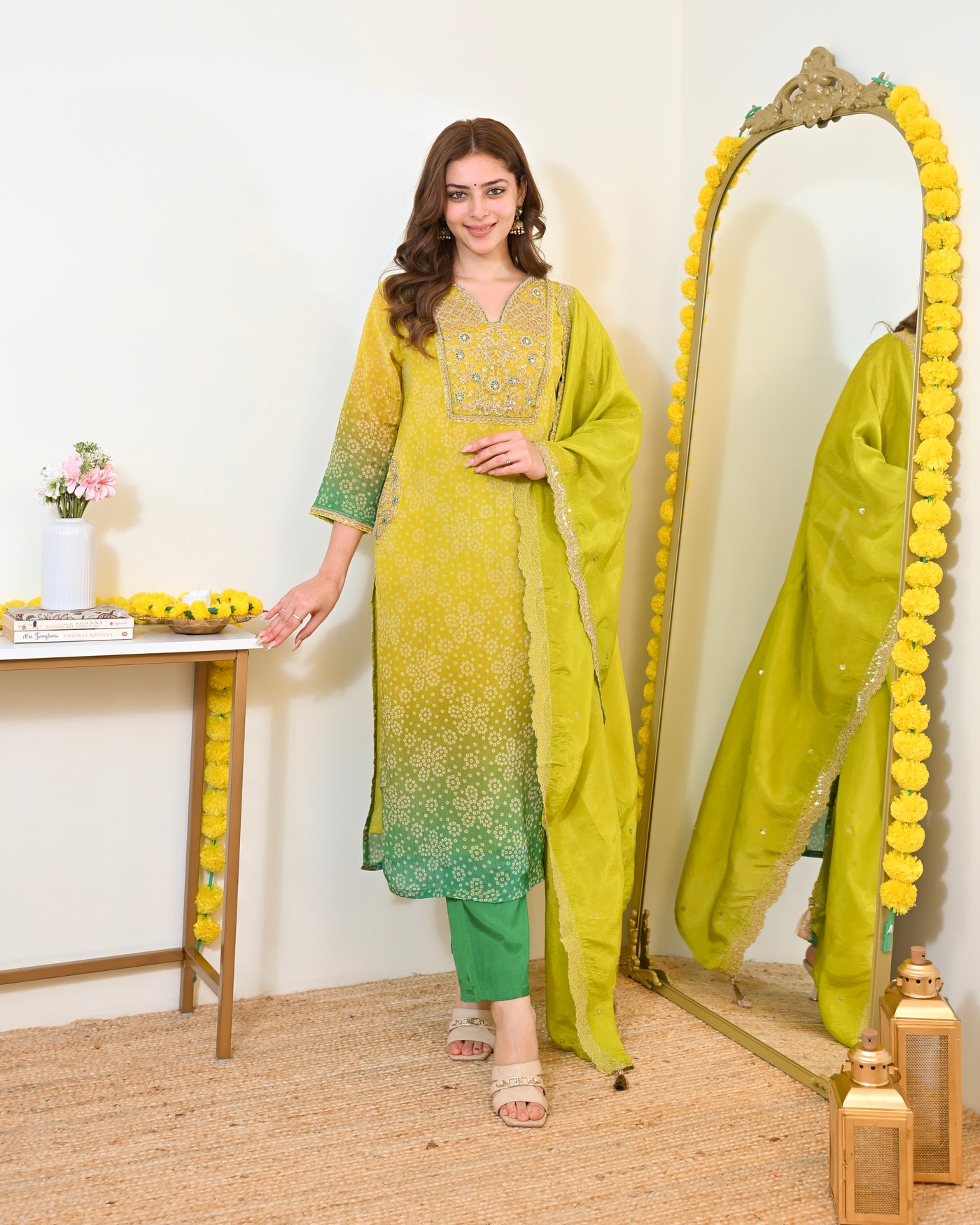 Lime Mist Bandhani Handwork Shimmer Crush Festive Suit