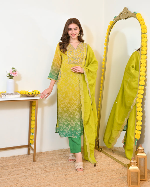 Lime Mist Bandhani Handwork Shimmer Crush Festive Suit