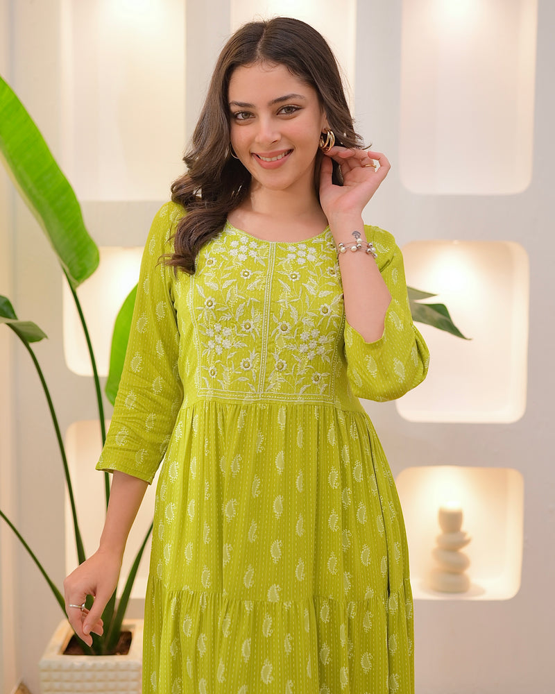 Greenish Yellow Embroidered Cotton A Line Dress