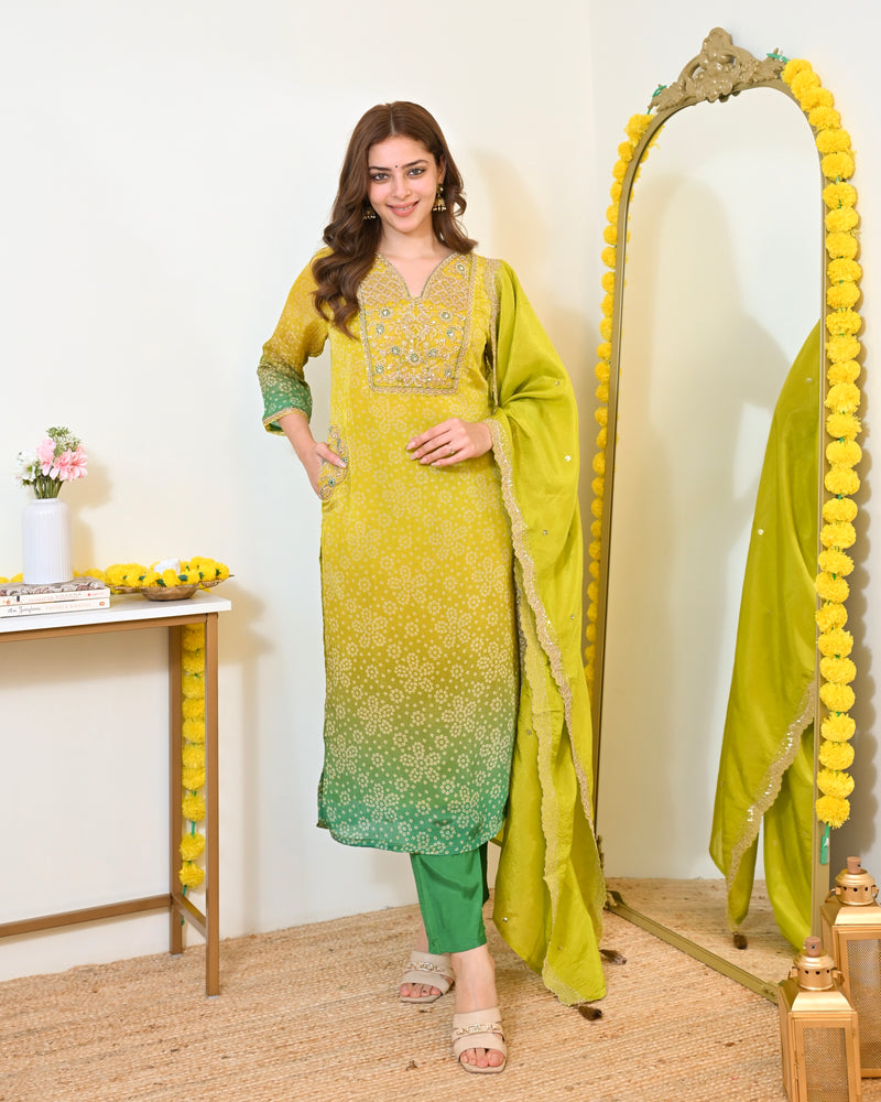 Lime Mist Bandhani Handwork Shimmer Crush Festive Suit