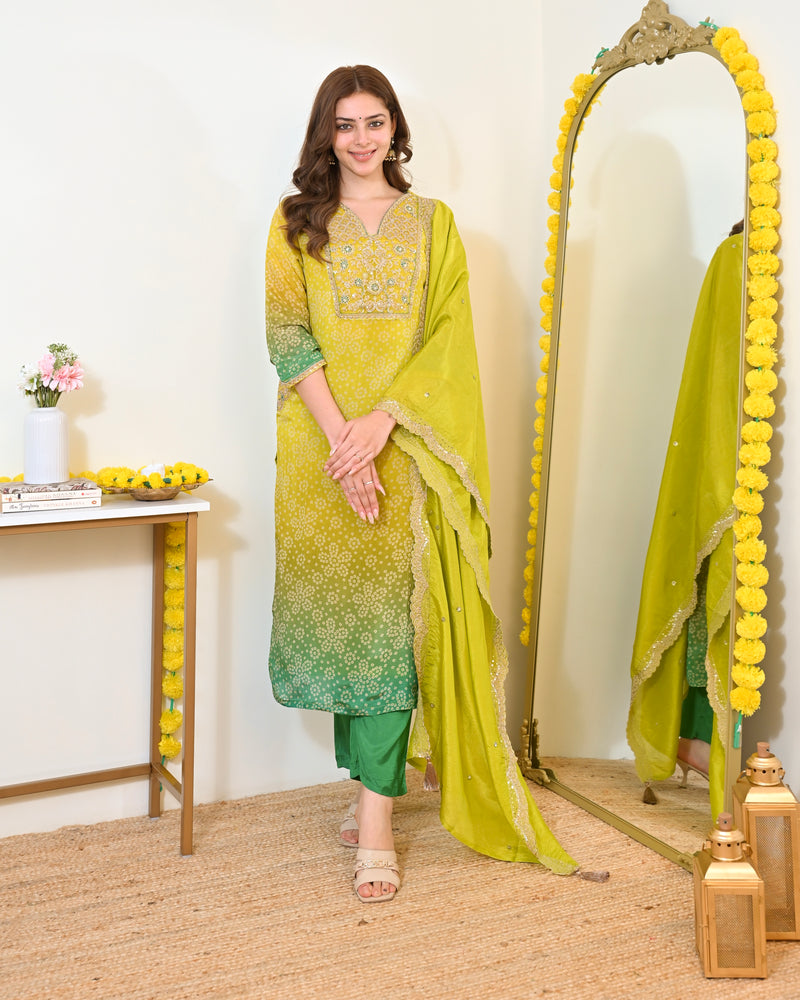 Lime Mist Bandhani Handwork Shimmer Crush Festive Suit