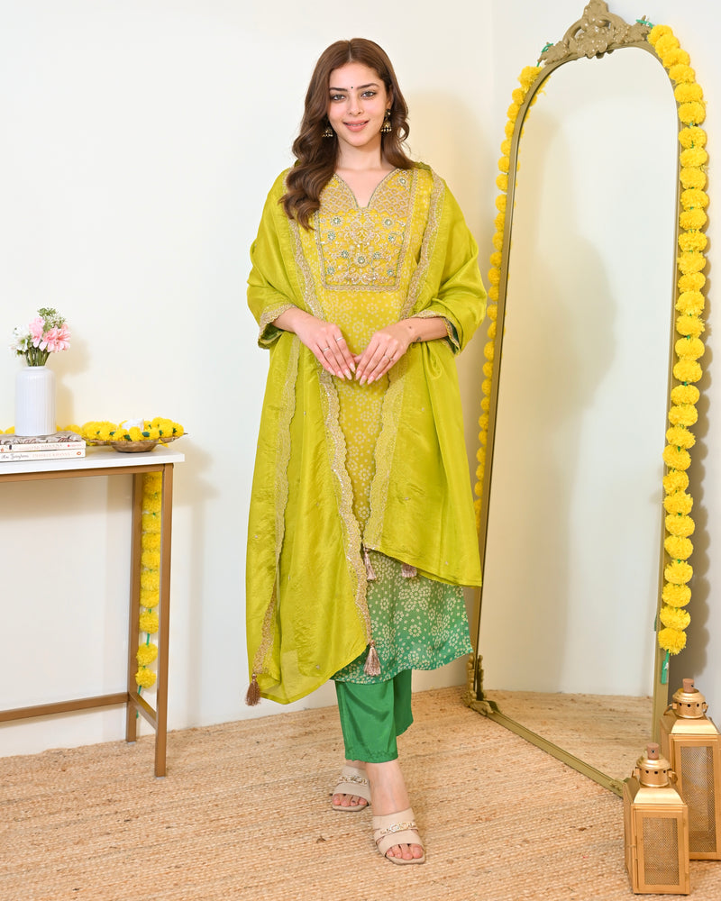 Lime Mist Bandhani Handwork Shimmer Crush Festive Suit