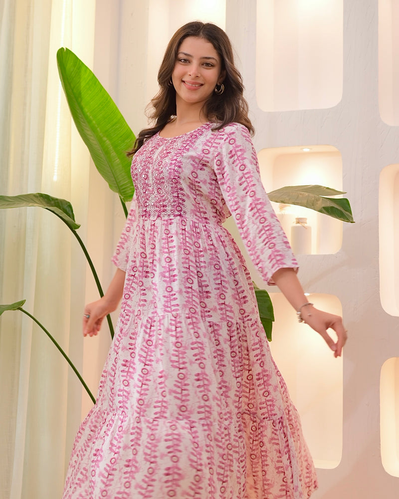 Mauve Ivory Embroidered Cotton A Line Dress