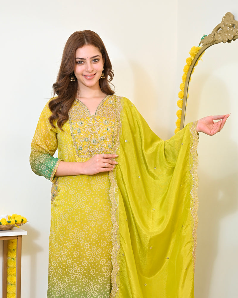 Lime Mist Bandhani Handwork Shimmer Crush Festive Suit