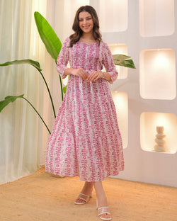 Mauve Ivory Embroidered Cotton A Line Dress