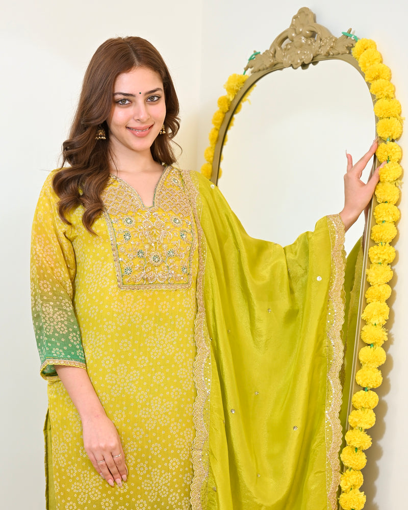Lime Mist Bandhani Handwork Shimmer Crush Festive Suit