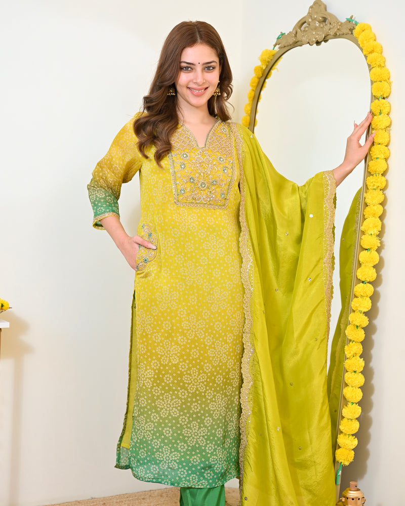 Lime Mist Bandhani Handwork Shimmer Crush Festive Suit