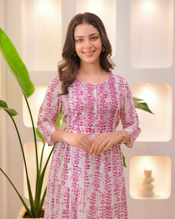 Mauve Ivory Embroidered Cotton A Line Dress