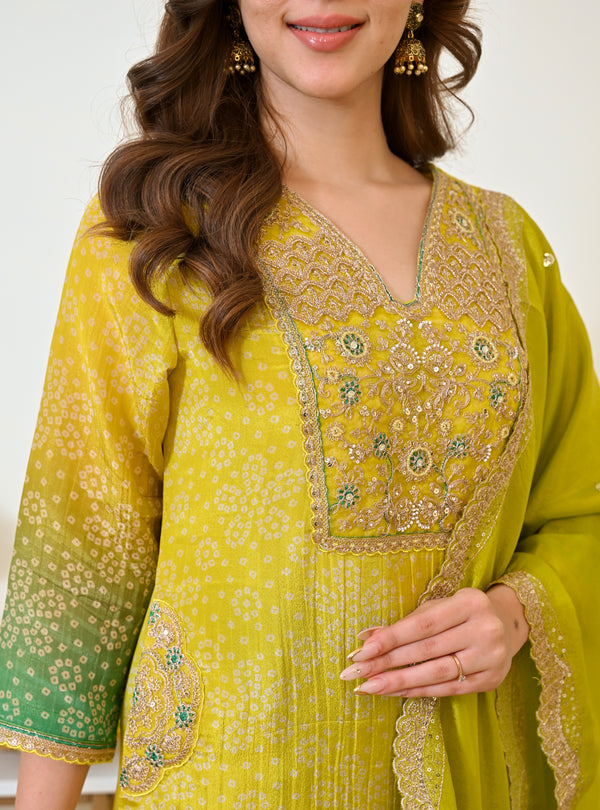 Lime Mist Bandhani Handwork Shimmer Crush Festive Suit