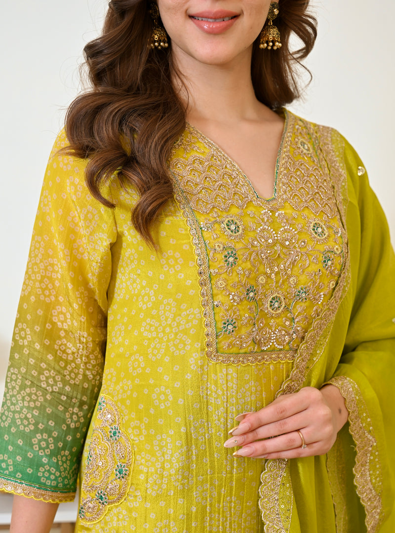 Lime Mist Bandhani Handwork Shimmer Crush Festive Suit