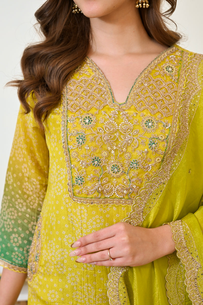 Lime Mist Bandhani Handwork Shimmer Crush Festive Suit