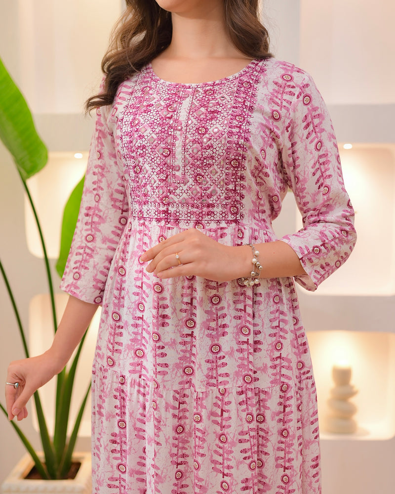 Mauve Ivory Embroidered Cotton A Line Dress