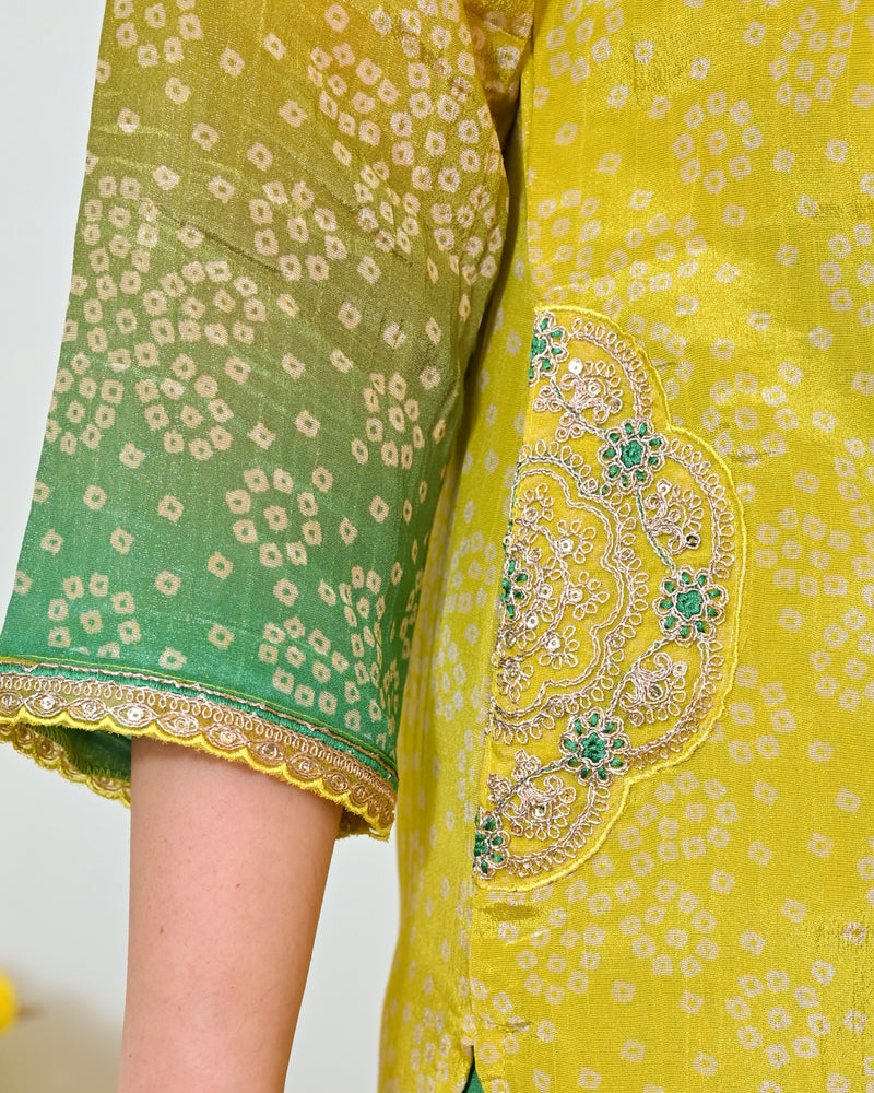 Lime Mist Bandhani Handwork Shimmer Crush Festive Suit
