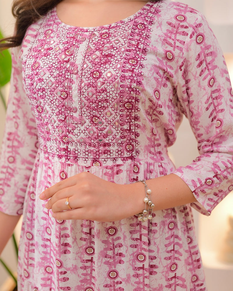Mauve Ivory Embroidered Cotton A Line Dress