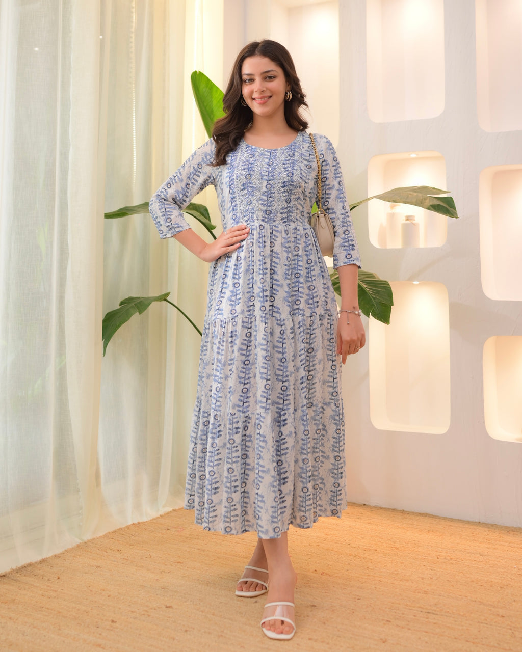 Blue Ivory Embroidered Cotton A Line Dress