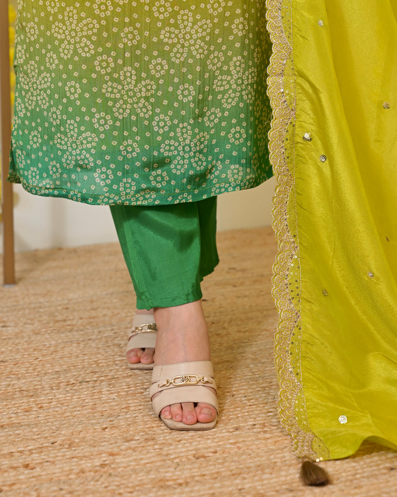 Lime Mist Bandhani Handwork Shimmer Crush Festive Suit