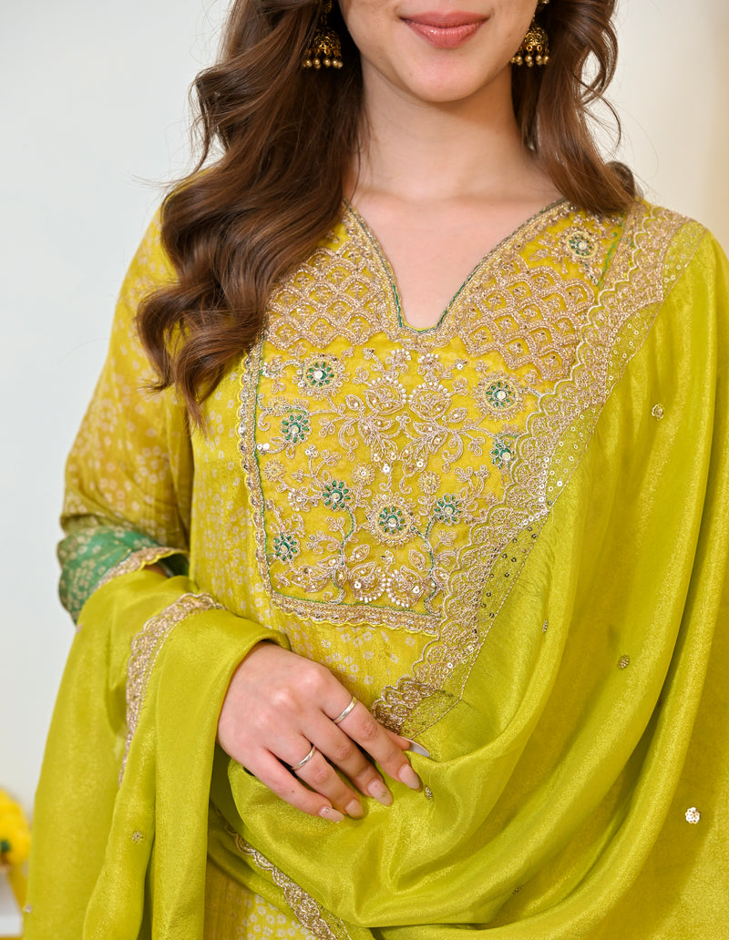 Lime Mist Bandhani Handwork Shimmer Crush Festive Suit