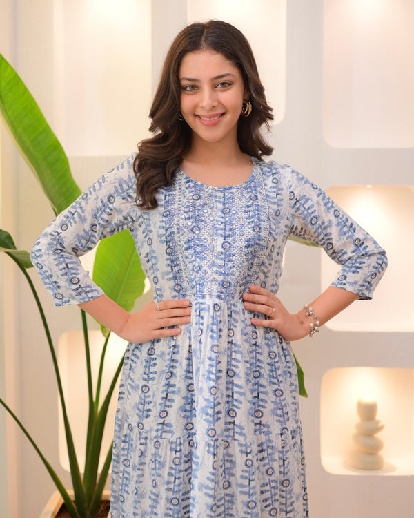 Blue Ivory Embroidered Cotton A Line Dress
