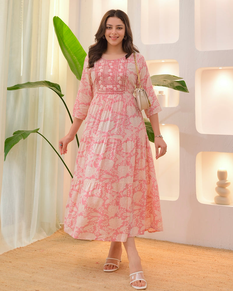 Baby Pink Embroidered A Line Cotton Designer Maxi Dress For Women Label Madhuri Thakkar Baby Pink Embroidered A Line Cotton Designer Maxi Dress For Women Label Madhuri Thakkar