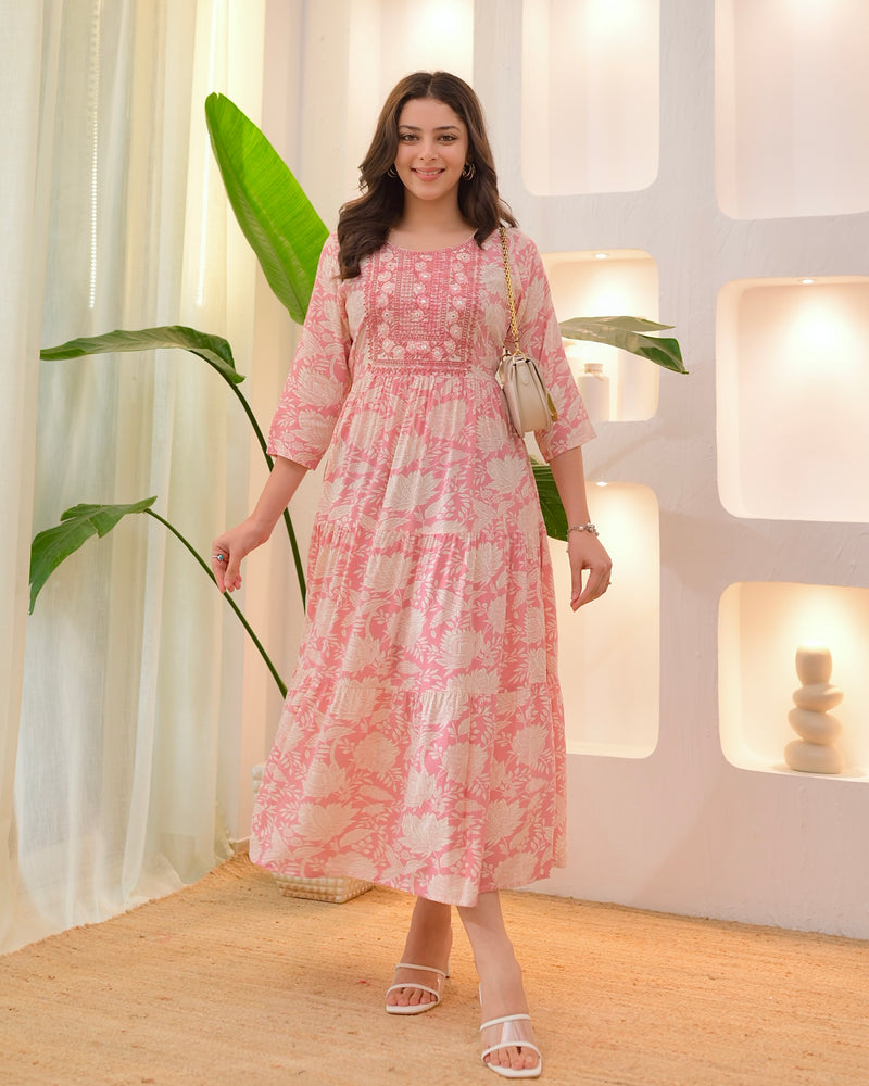 Baby Pink Embroidered Cotton A Line Dress