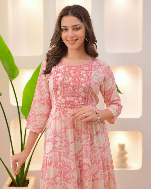 Baby Pink Embroidered Cotton A Line Dress