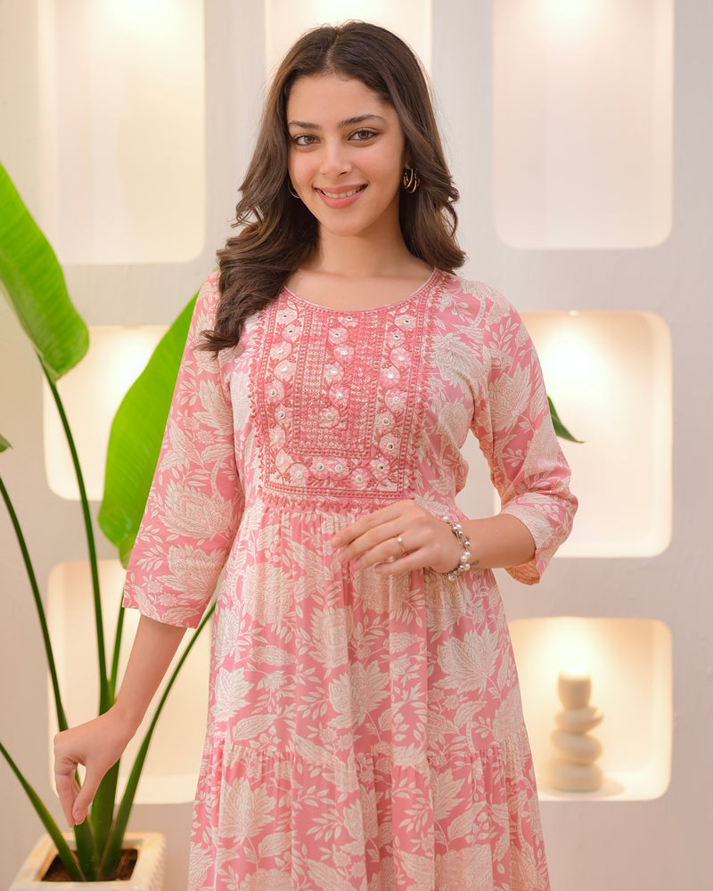 Baby Pink Embroidered Cotton A Line Dress