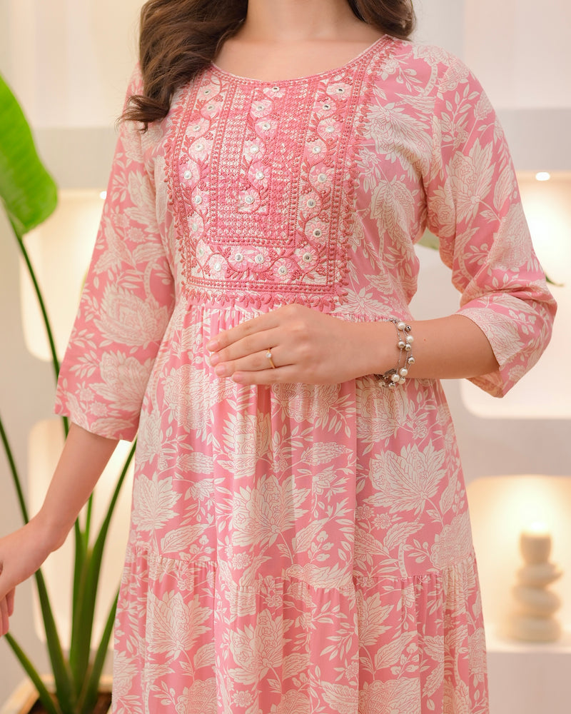 Baby Pink Embroidered Cotton A Line Dress