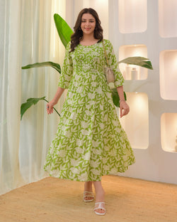 Green Ivory Embroidered Cotton A Line Dress