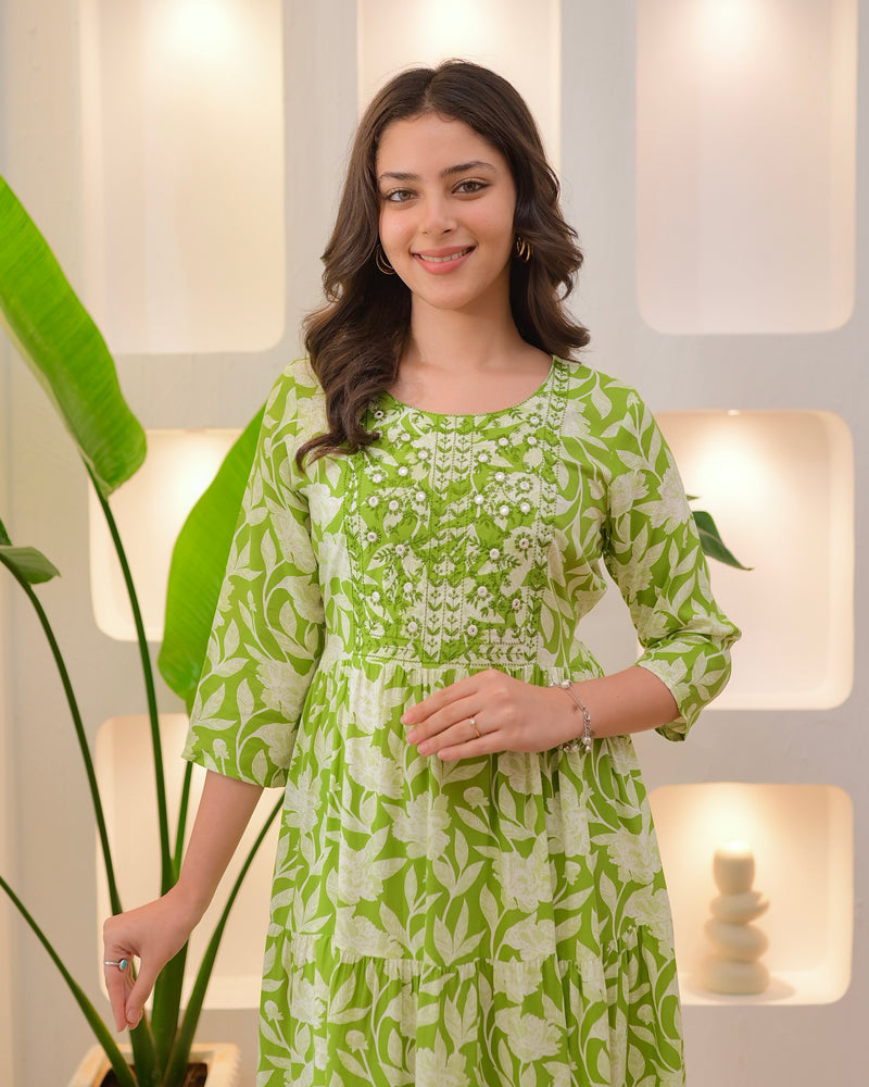 Green Ivory Embroidered Cotton A Line Dress