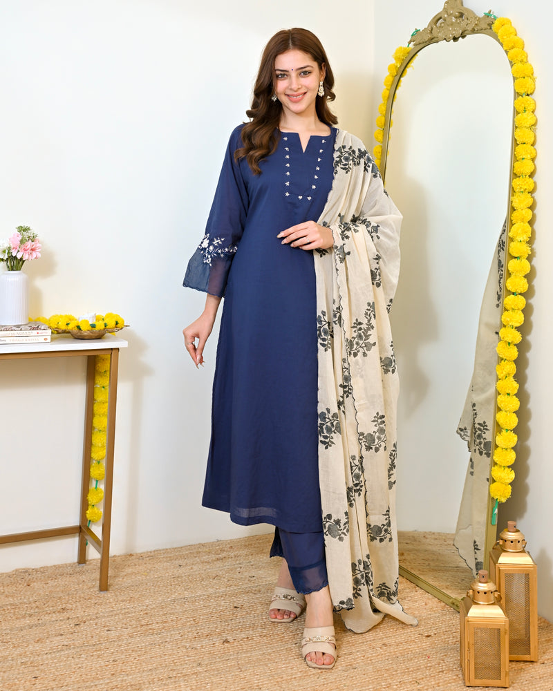 Ivory Blue Flora Mul Chanderi A Line Suit