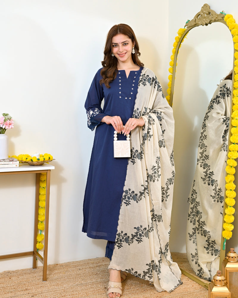 Ivory Blue Flora Mul Chanderi A Line Suit